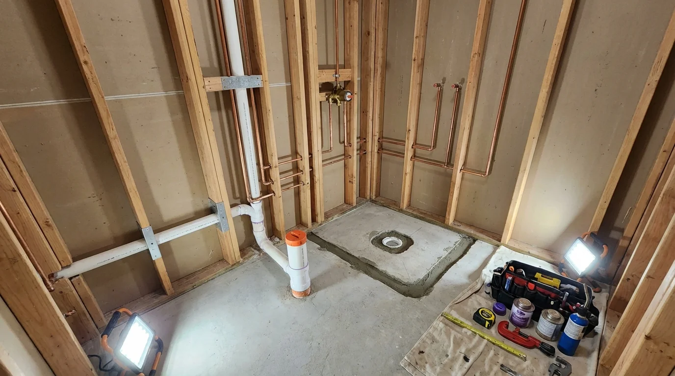 Bathroom rough-in plumbing during remodel by Johns Plumbing LLC in Wellsboro