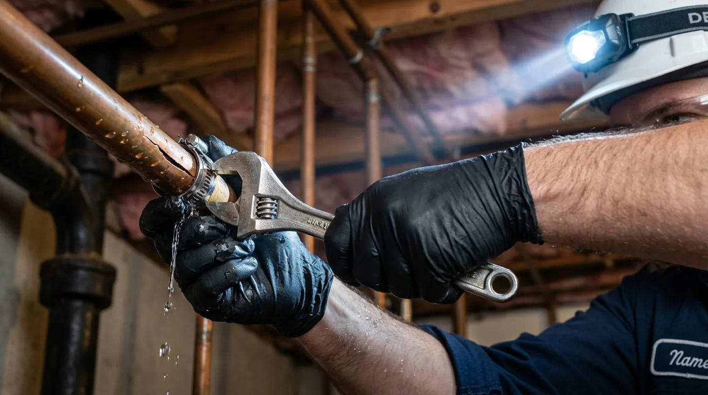Emergency pipe clamp repair being performed by a Johns Plumbing LLC plumber in Wellsboro