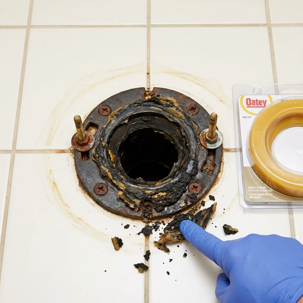 Failed wax ring showing water seepage at the base of a toilet in a Wellsboro, PA home