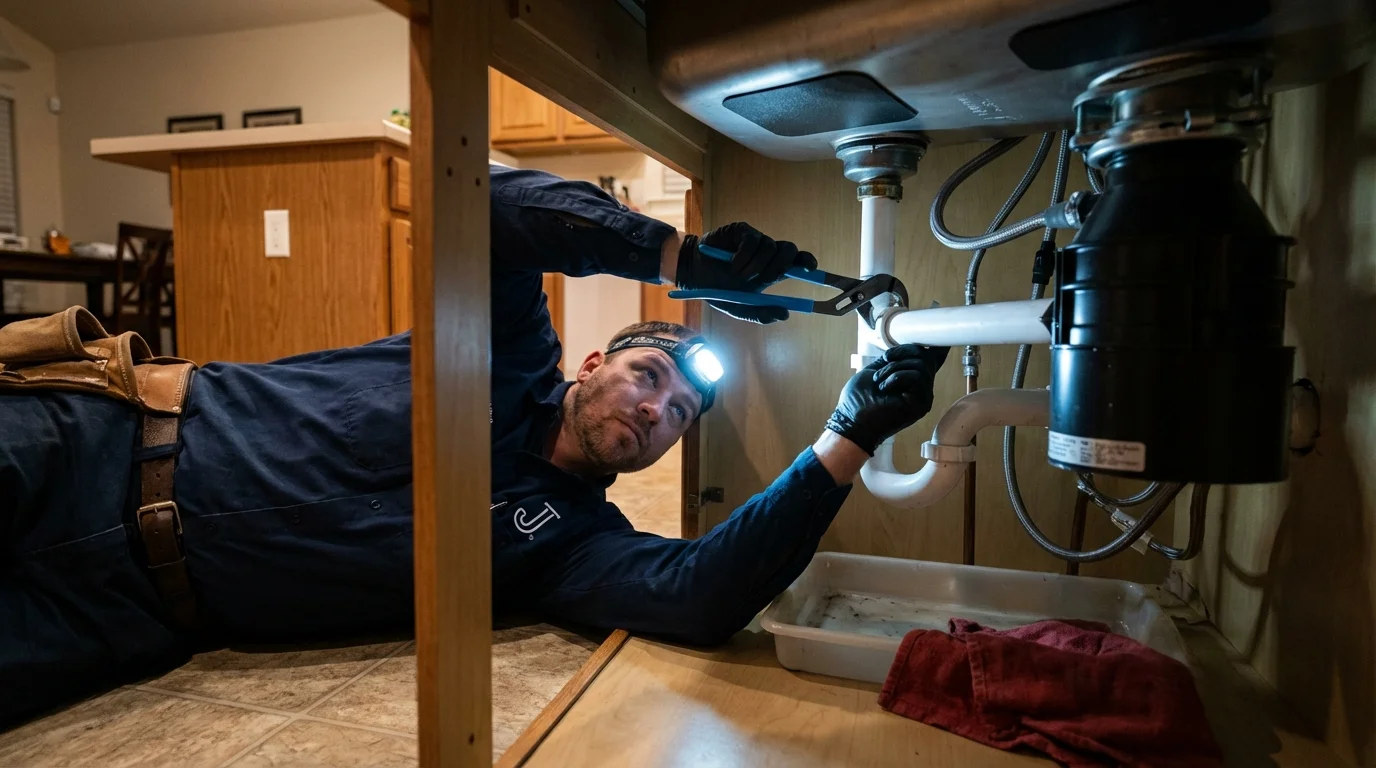 P-trap and supply line connections under a kitchen sink showing a common leak point in Wellsboro, PA